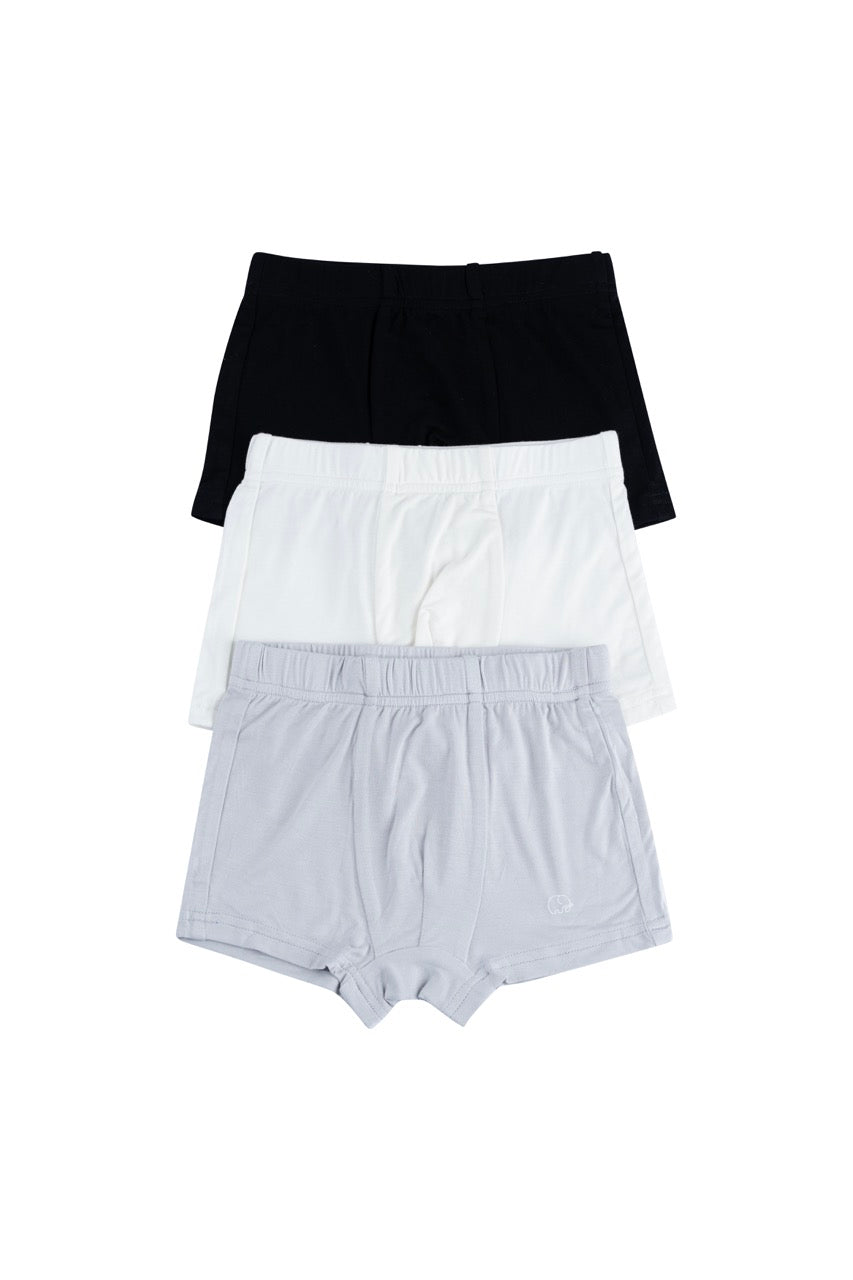 Organic Boys Bamboo Boxer Brief Underwear Set Of 3- Grey/White/Black Organic Boys Bamboo Boxer Brief Underwear Set Of 3- Grey/White/Black