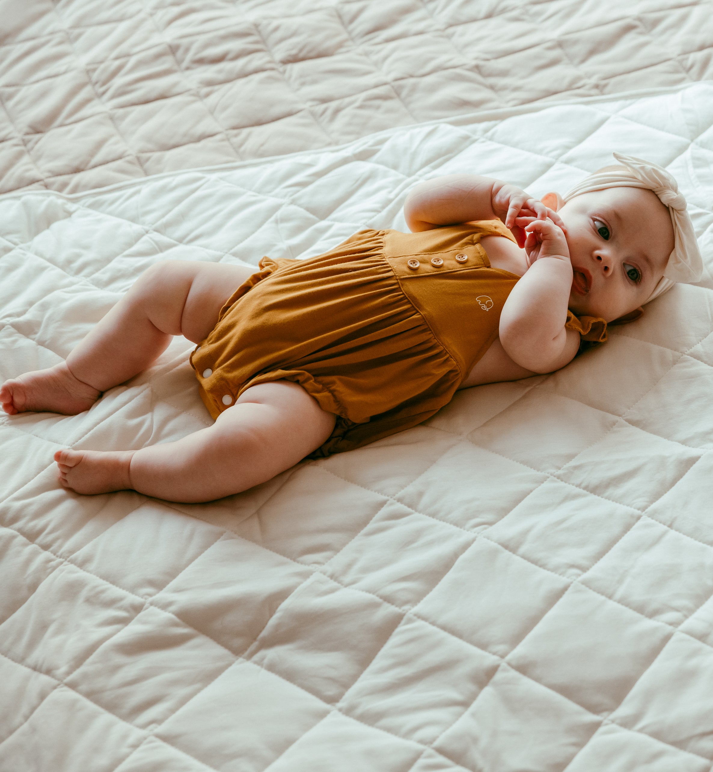 Organic Bamboo Ruffle Romper- Mustard Organic Bamboo Ruffle Romper- Mustard