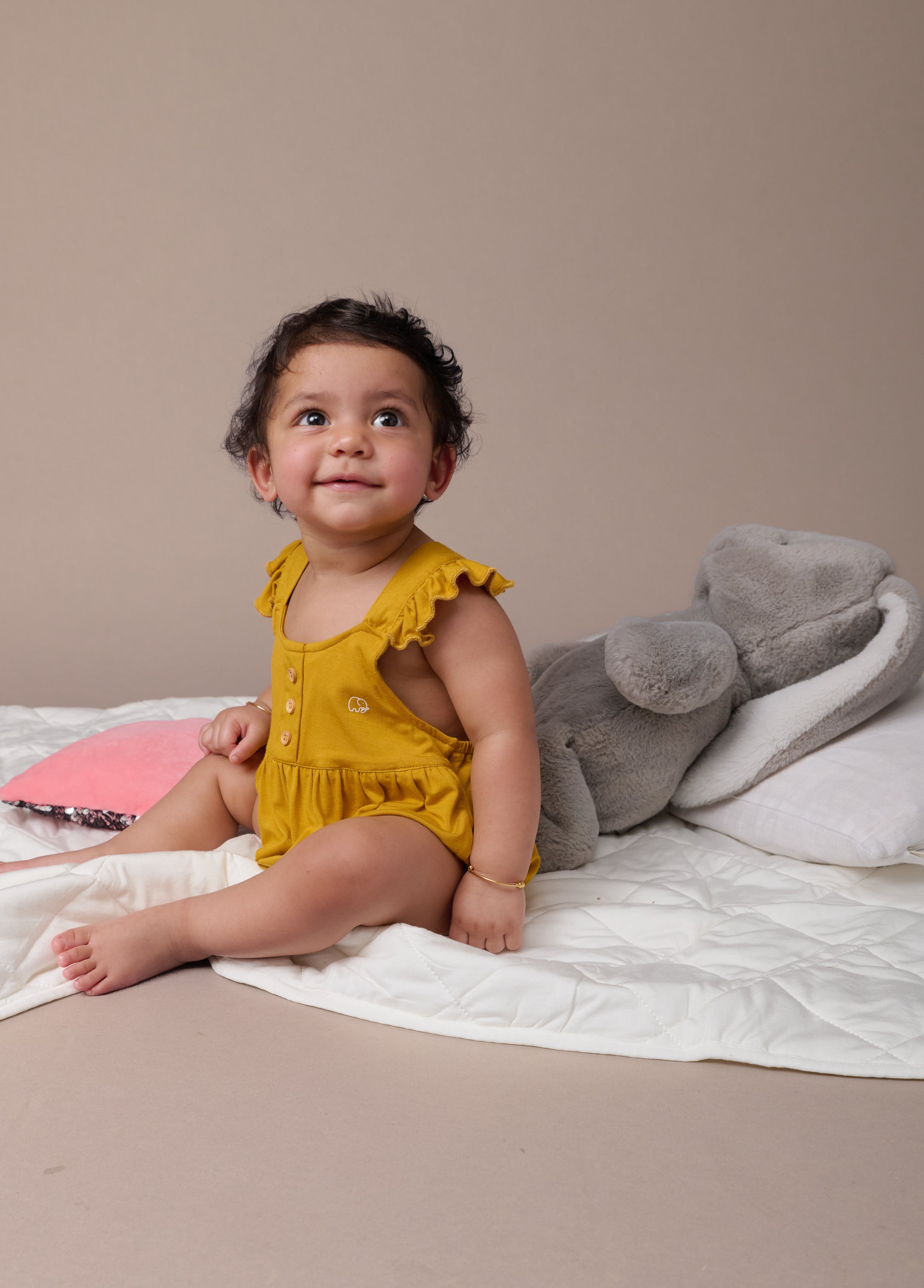 Organic Bamboo Ruffle Romper- Mustard Organic Bamboo Ruffle Romper- Mustard