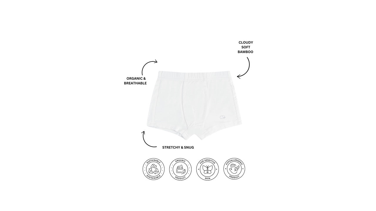 Organic Boys Bamboo Boxer Brief Underwear Set Of 3- White Organic Boys Bamboo Boxer Brief Underwear Set Of 3- White
