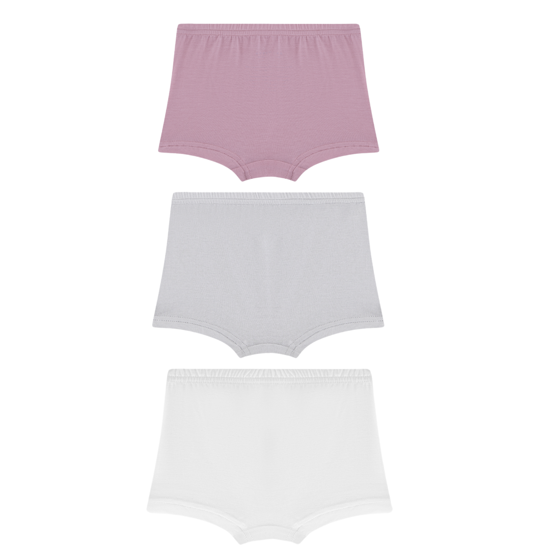 Organic Girls Bamboo Boxer Brief Underwear Set Of 3- Grey/White/Lilac Organic Girls Bamboo Boxer Brief Underwear Set Of 3- Grey/White/Lilac
