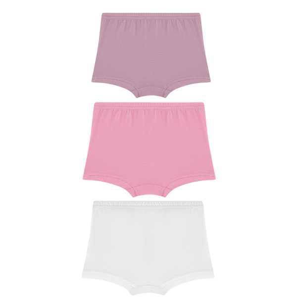 Organic Girls Bamboo Boxer Brief Underwear Set Of 3- Lilac/Pink/White Organic Girls Bamboo Boxer Brief Underwear Set Of 3- Lilac/Pink/White