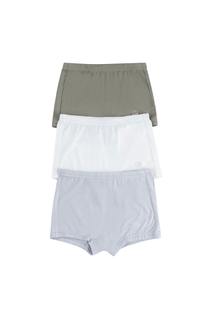 Organic Girls Bamboo Boxer Brief Underwear Set Of 3- Olive/White/Grey