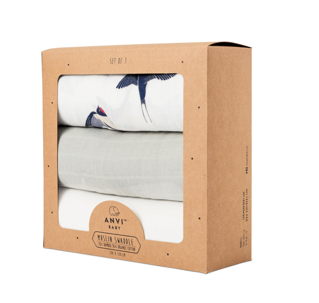 Set of 3 Organic Bamboo Swaddle- The Swallow