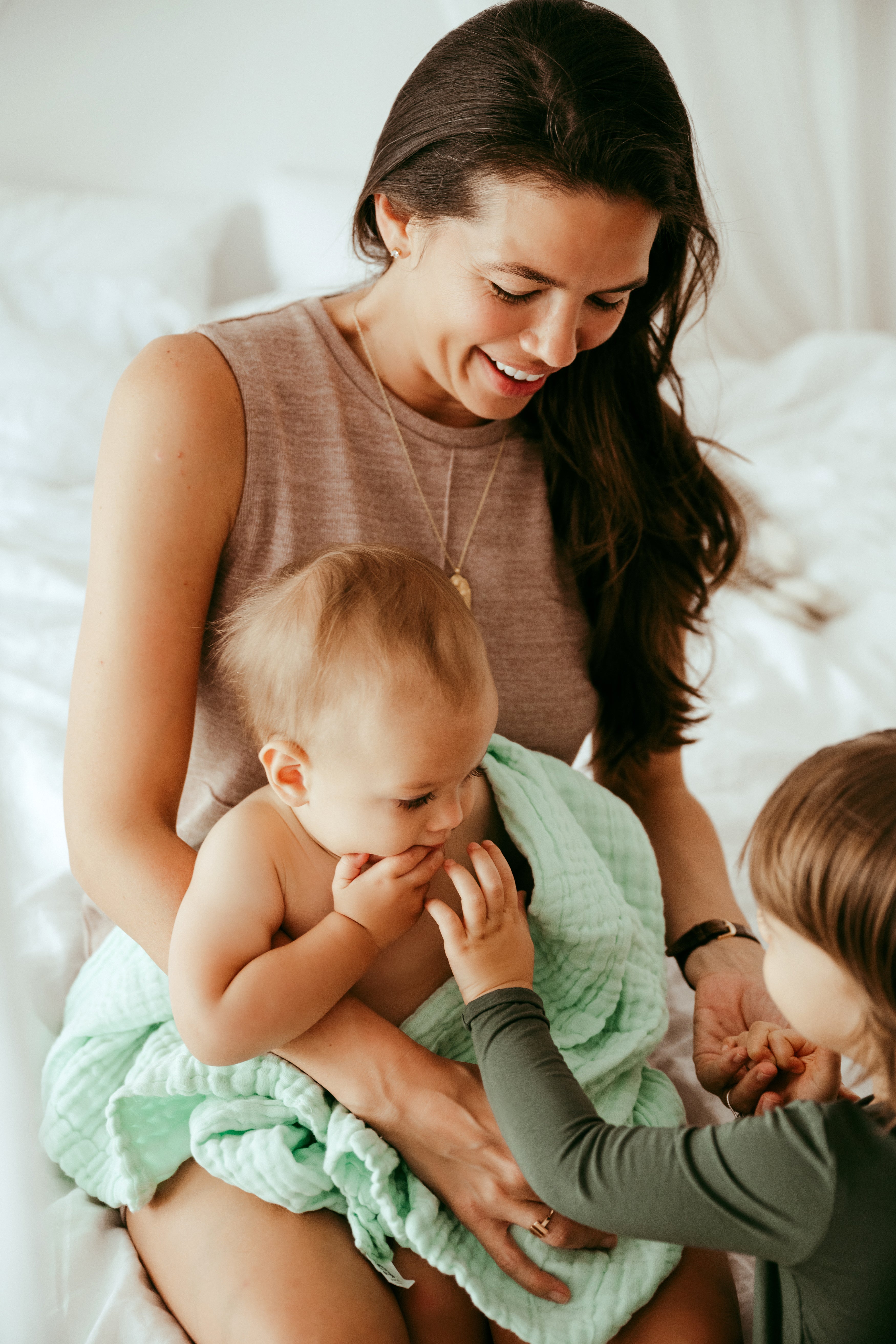 Set of 3- 100% Organic 6 layered Muslin Bath Towel-Mint & Cloud