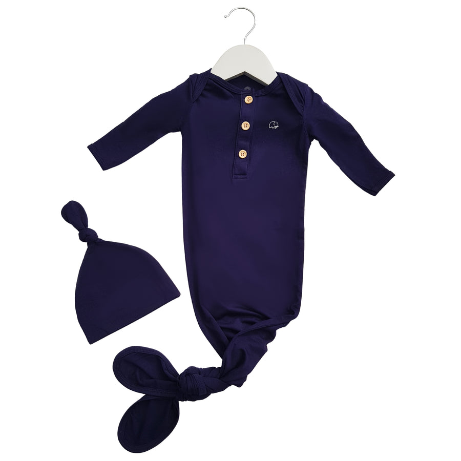 Organic Bamboo Knotted Gown & Beanie Set | Dark Navy