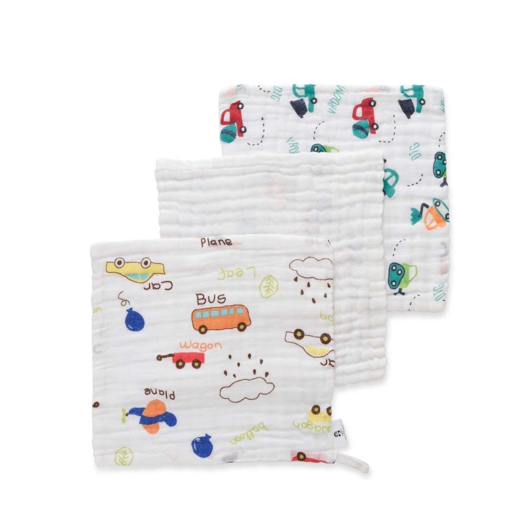 Baby Face Cloth | 100% Organic | Set of 3 | Automobiles