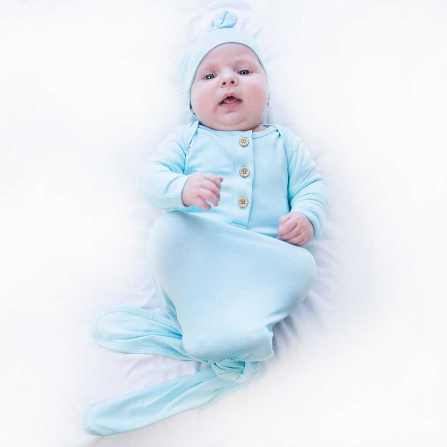 Organic Bamboo Knotted Gown & Beanie Set | Glacier
