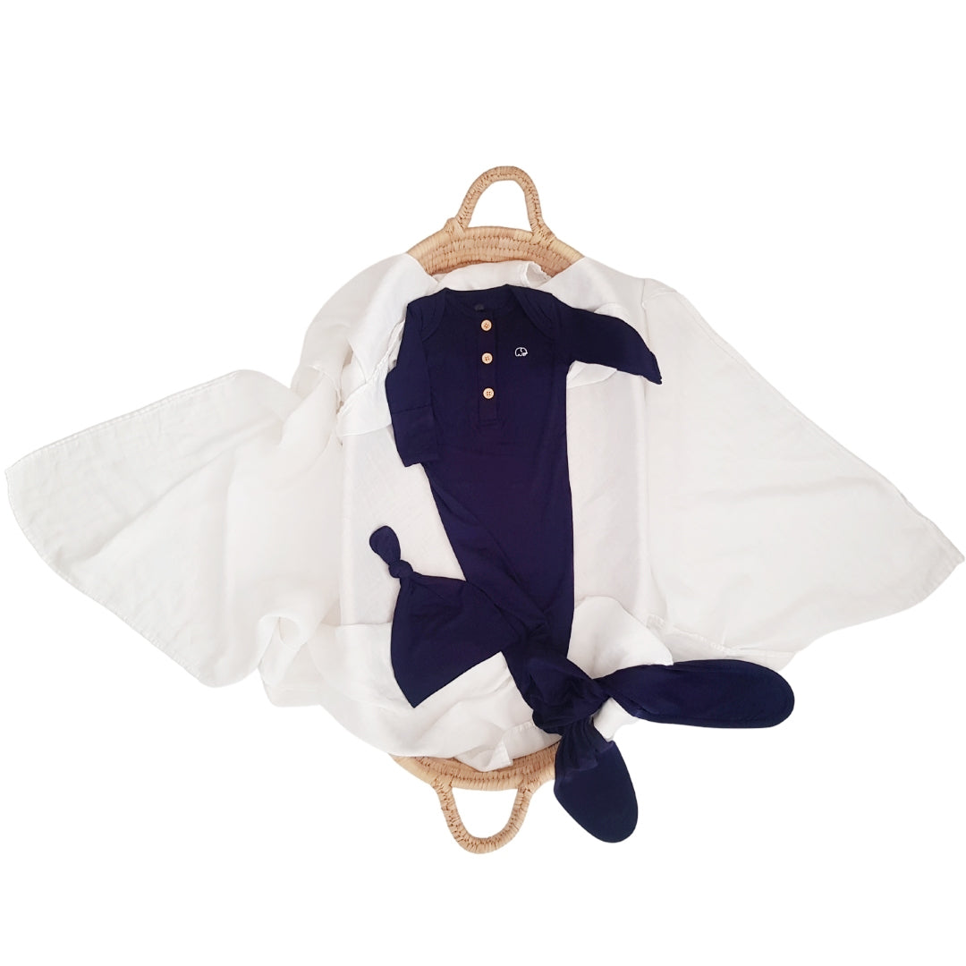Organic Bamboo Knotted Gown & Beanie Set | Dark Navy