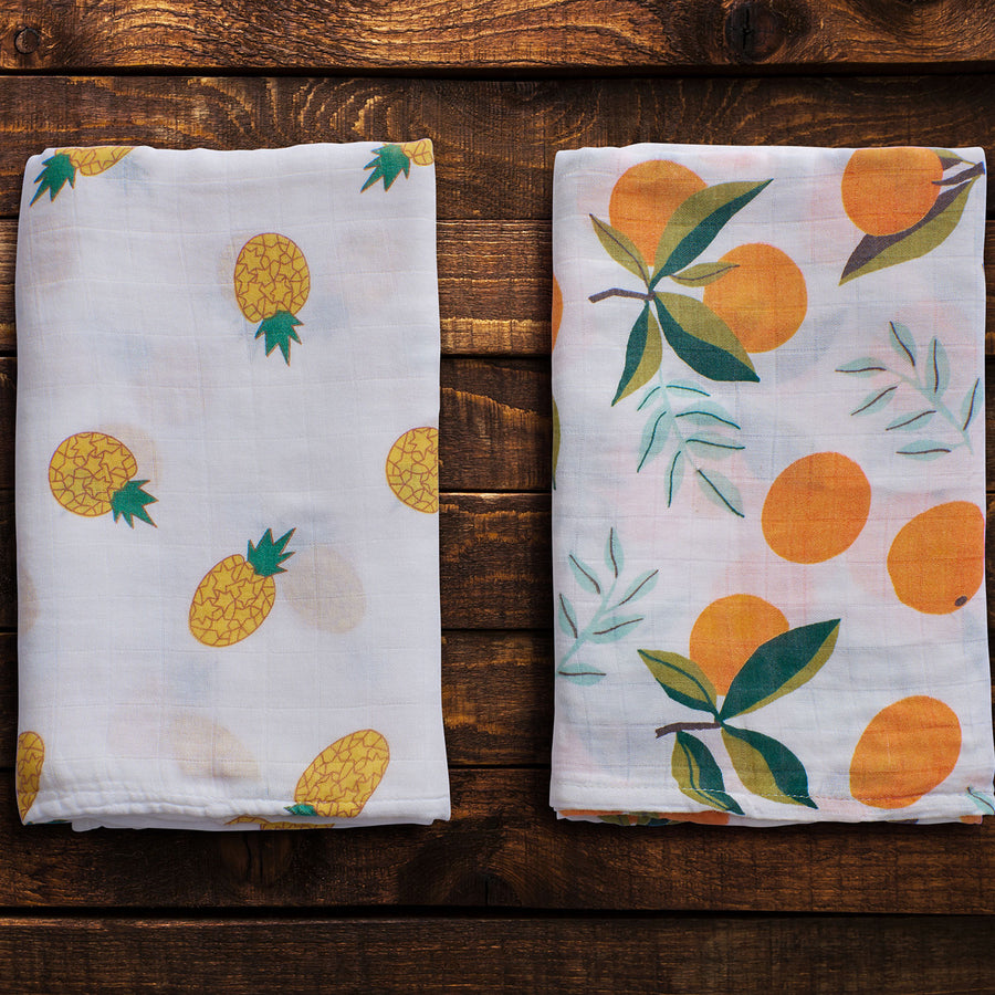 Organic Bamboo Muslin Swaddle | Set of 2 | Pineapple & Tangerine